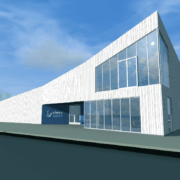 Arhitektuuribüroo KAMP visioon sadamahoonest – valge tõusva esinurgaga maja – meenutab sadamas seisva laeva nina.